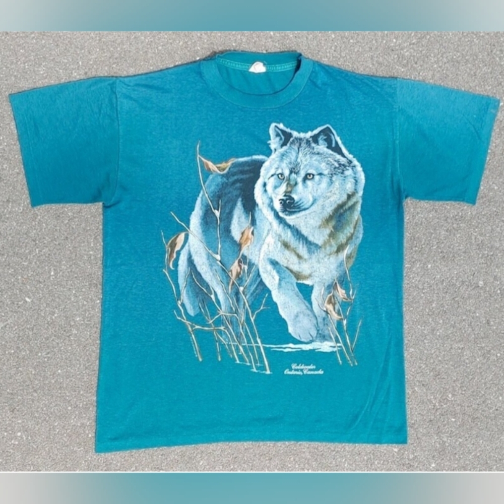 Vtg 1993 Grey Wolf Harlequin Nature Graphics Made in Canada Tee (M)